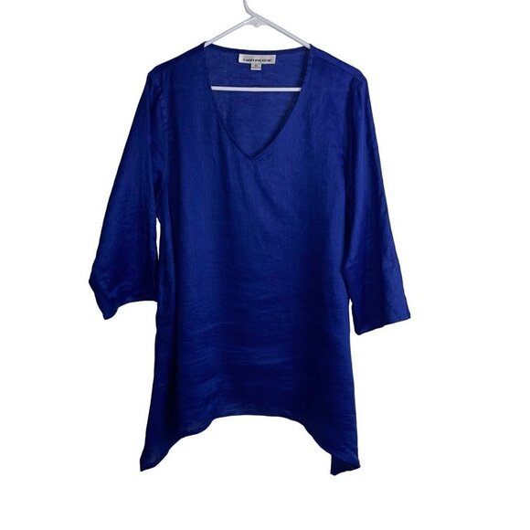 Caroline Rose Womens Tunic Size XL Blue Pure Linen Sharkbite Hem Made In USA - Picture 1 of 8